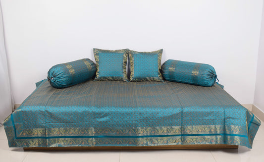 Turquoise Blue Banarasi Diwan Set – Silk Zari Brocade Cushion & Bolster Covers