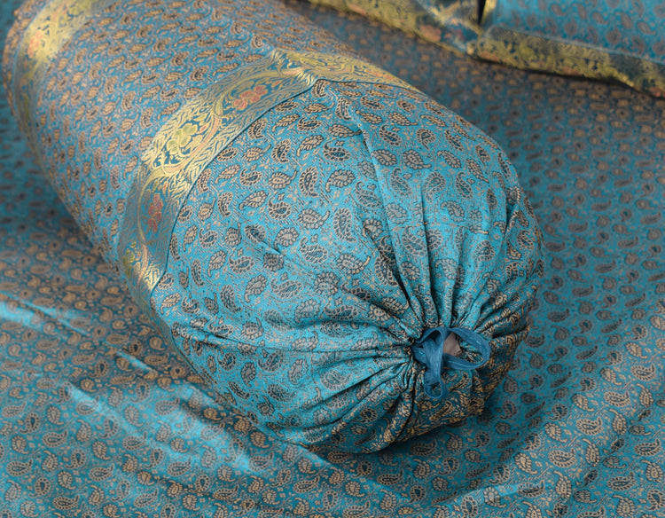 Turquoise Blue Banarasi Diwan Set – Silk Zari Brocade Cushion & Bolster Covers