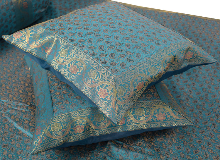 Turquoise Blue Banarasi Diwan Set – Silk Zari Brocade Cushion & Bolster Covers