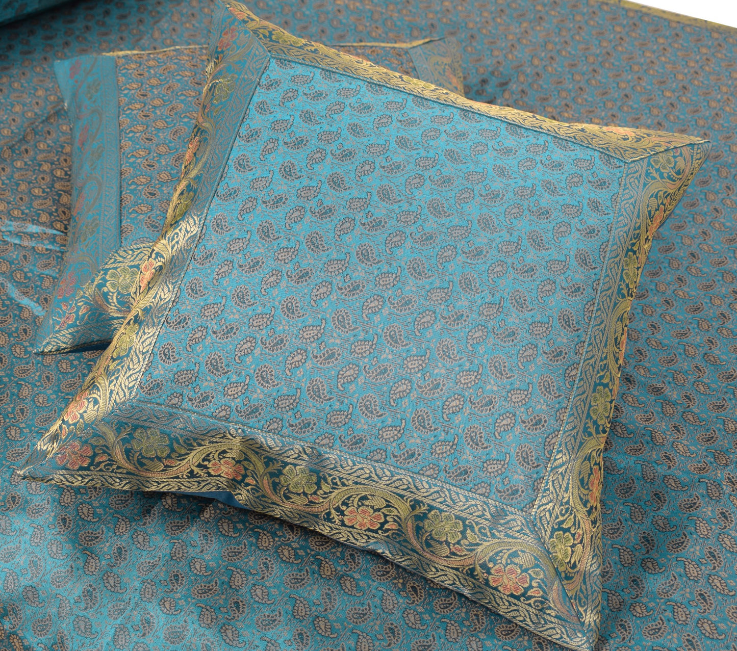 Turquoise Blue Banarasi Diwan Set – Silk Zari Brocade Cushion & Bolster Covers