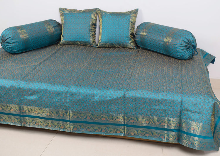 Turquoise Blue Banarasi Diwan Set – Silk Zari Brocade Cushion & Bolster Covers