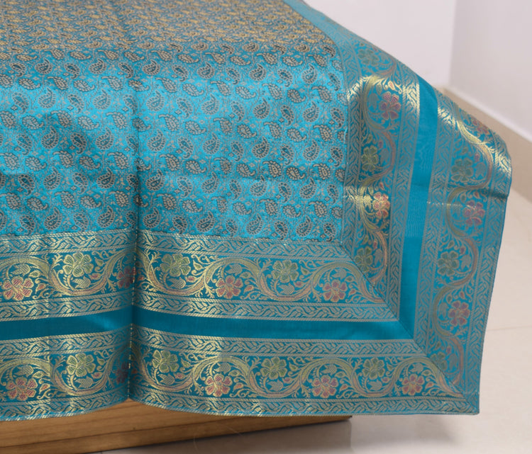 Turquoise Blue Banarasi Diwan Set – Silk Zari Brocade Cushion & Bolster Covers