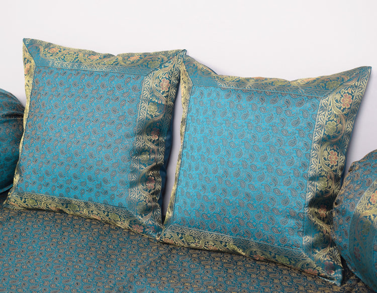 Turquoise Blue Banarasi Diwan Set – Silk Zari Brocade Cushion & Bolster Covers