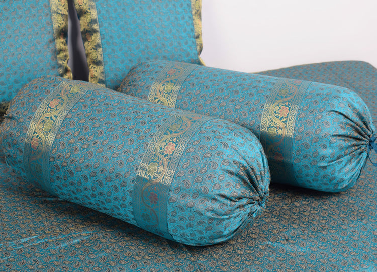 Turquoise Blue Banarasi Diwan Set – Silk Zari Brocade Cushion & Bolster Covers