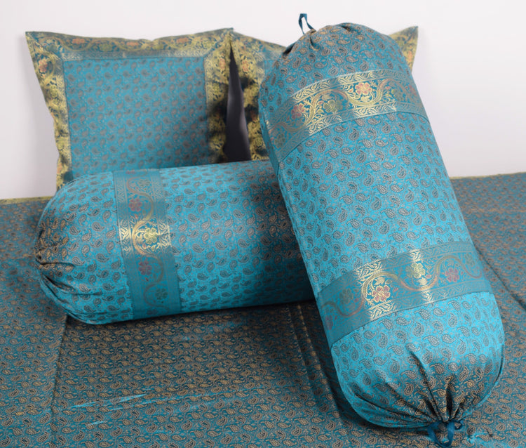 Turquoise Blue Banarasi Diwan Set – Silk Zari Brocade Cushion & Bolster Covers