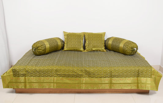 Elegant Green Banarasi Diwan Set Silk Woven Zari Brocade Cushion & Bolster Cover