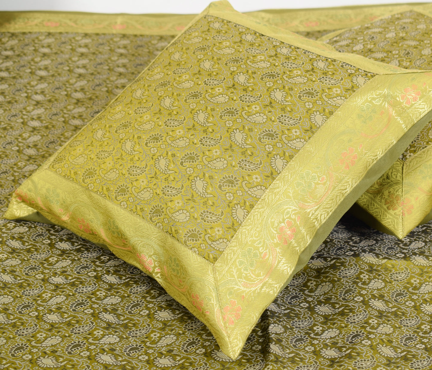 Elegant Green Banarasi Diwan Set Silk Woven Zari Brocade Cushion & Bolster Cover