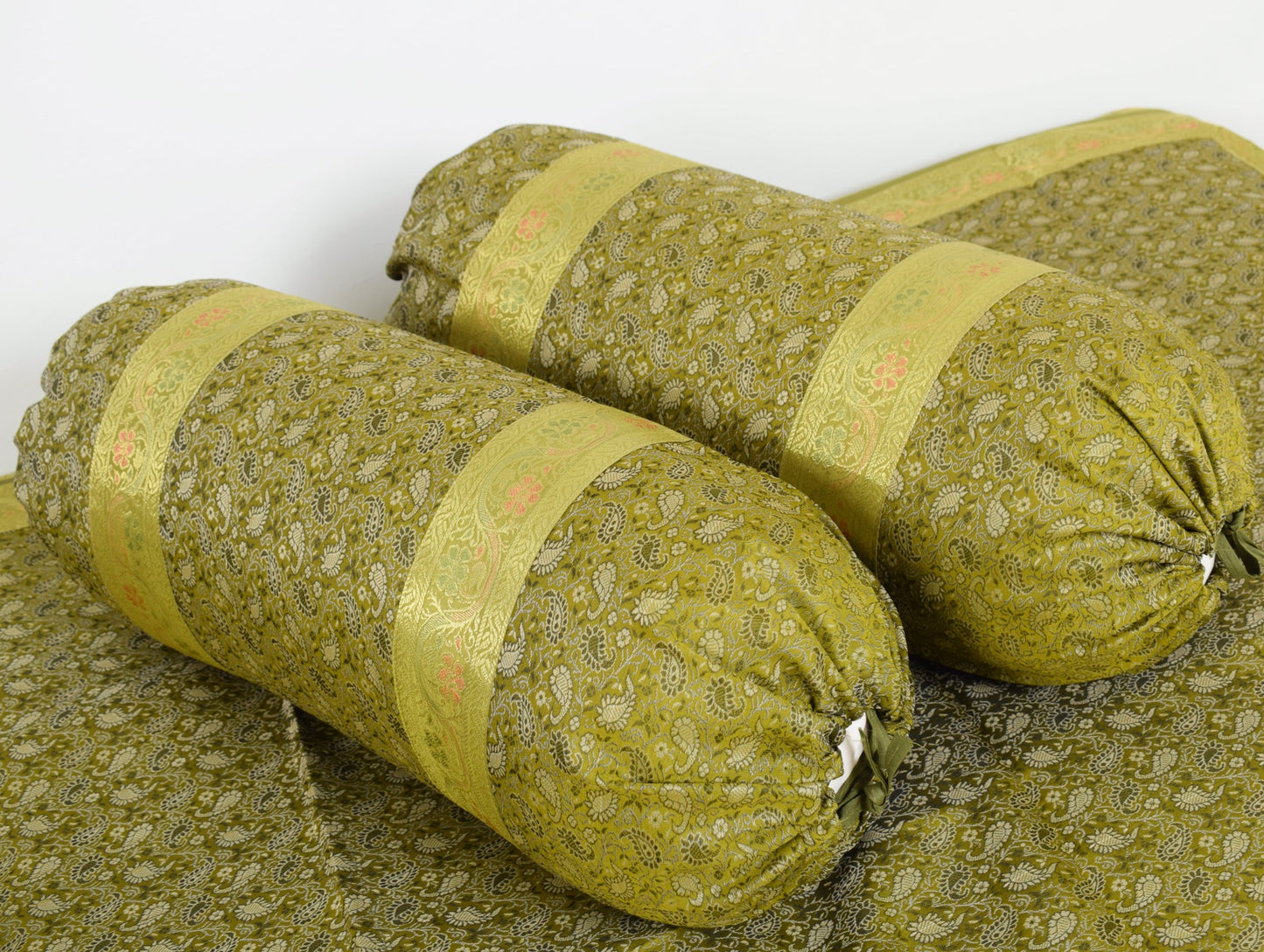 Elegant Green Banarasi Diwan Set Silk Woven Zari Brocade Cushion & Bolster Cover
