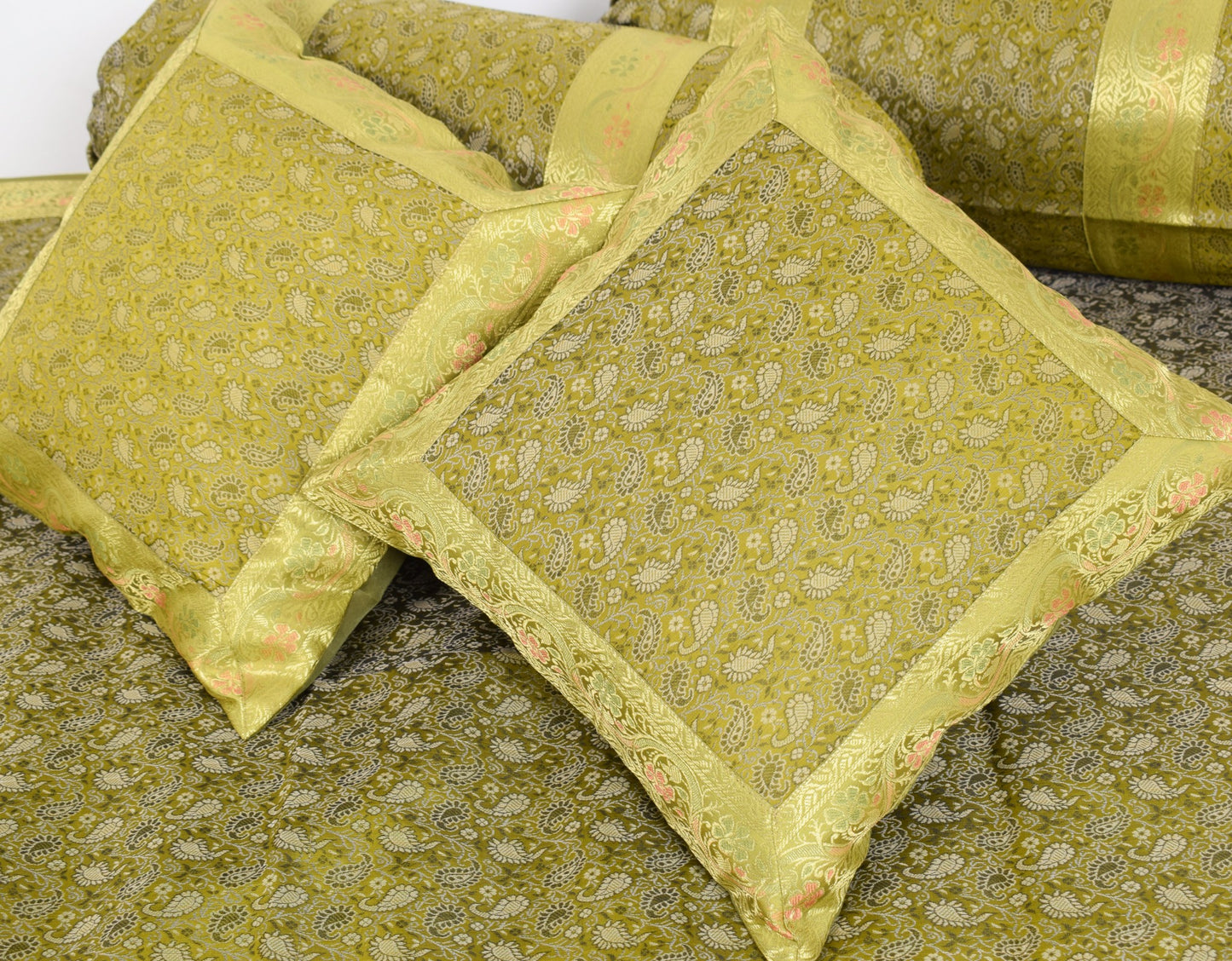 Elegant Green Banarasi Diwan Set Silk Woven Zari Brocade Cushion & Bolster Cover