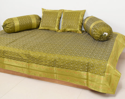 Elegant Green Banarasi Diwan Set Silk Woven Zari Brocade Cushion & Bolster Cover