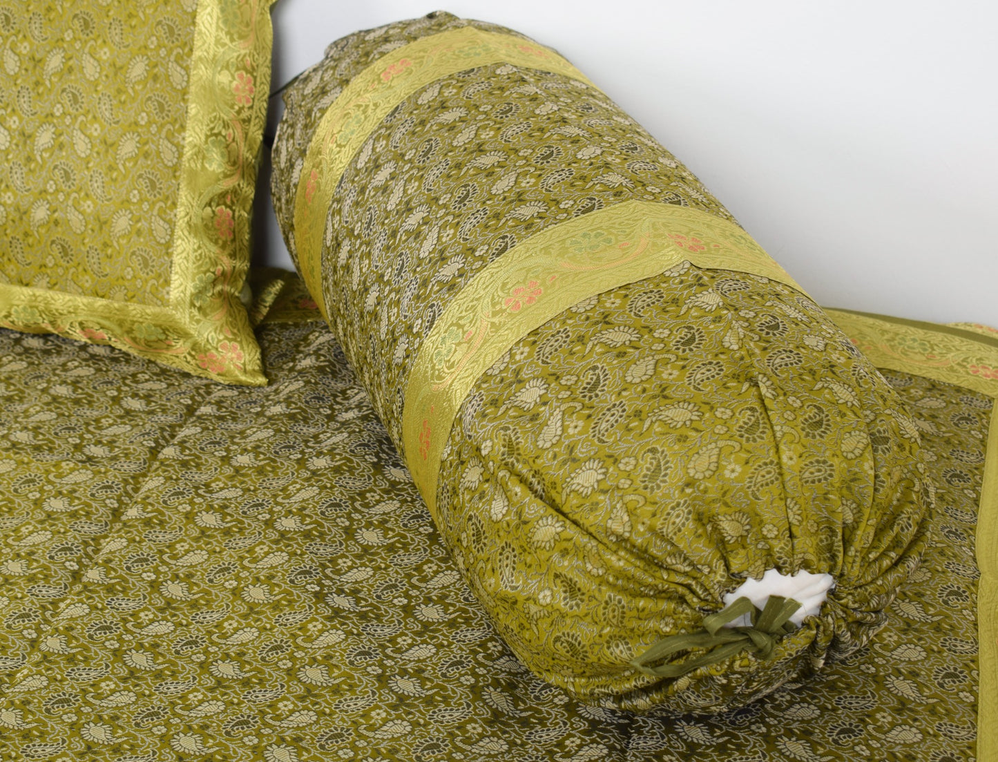 Elegant Green Banarasi Diwan Set Silk Woven Zari Brocade Cushion & Bolster Cover