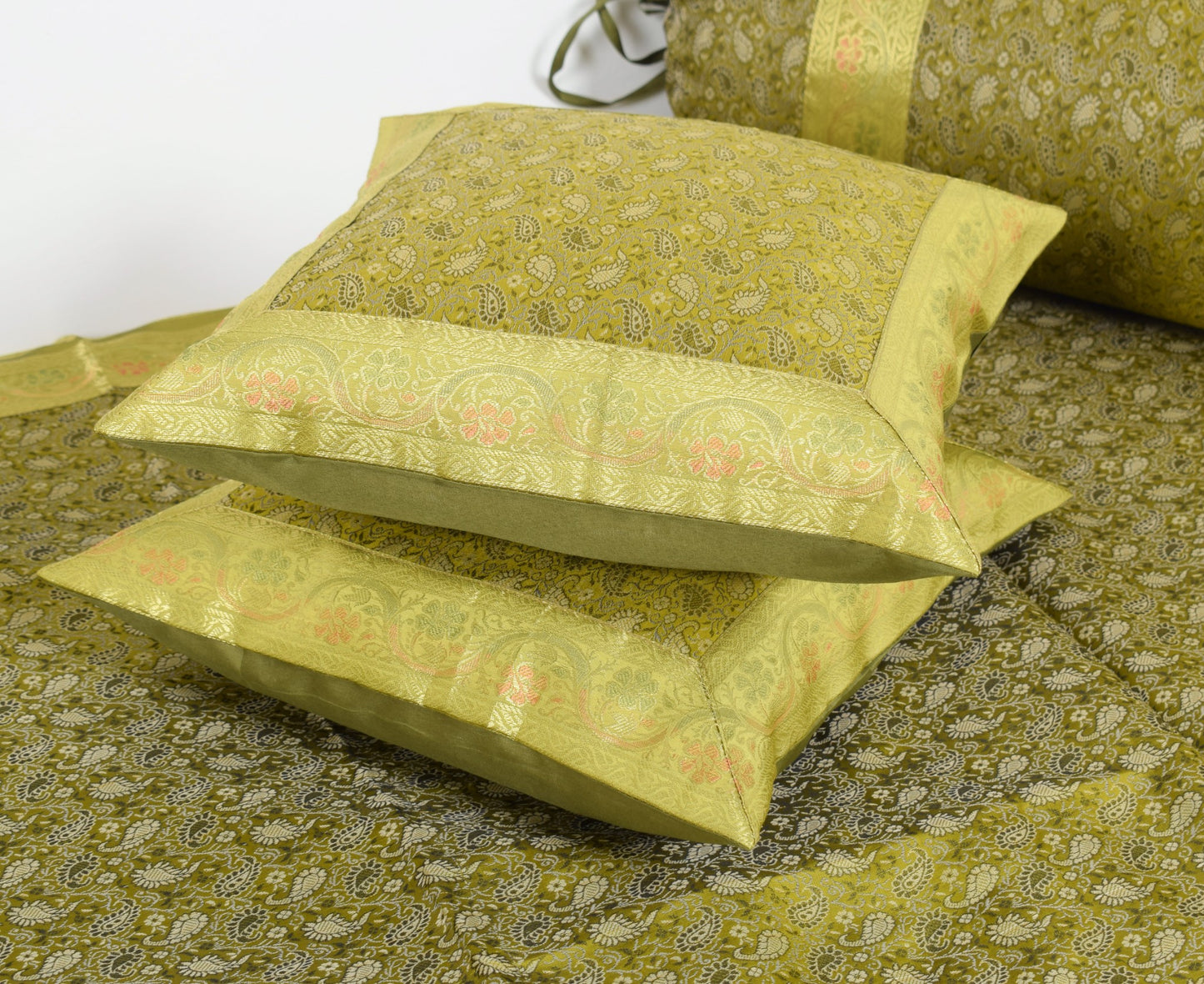 Elegant Green Banarasi Diwan Set Silk Woven Zari Brocade Cushion & Bolster Cover