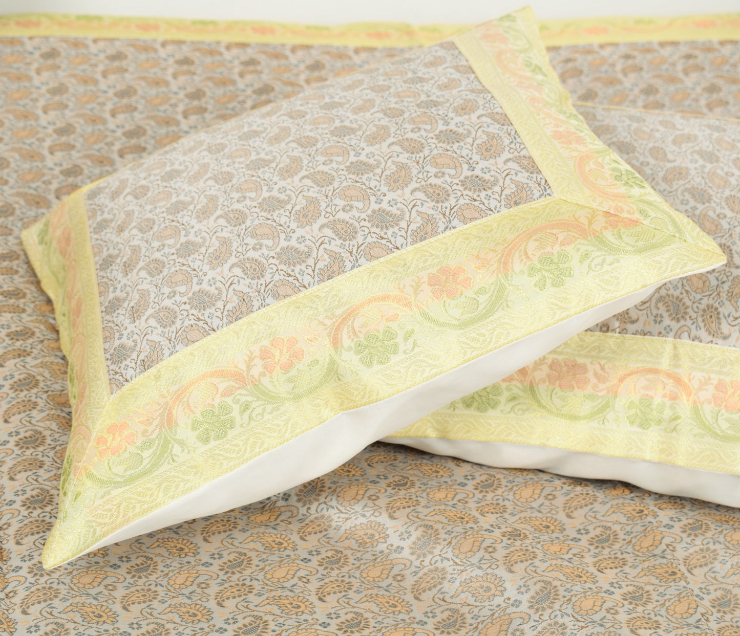 Banarasi Light Gray Diwan Set Cushion & Bolster Cover Silk & Woven Zari Brocade