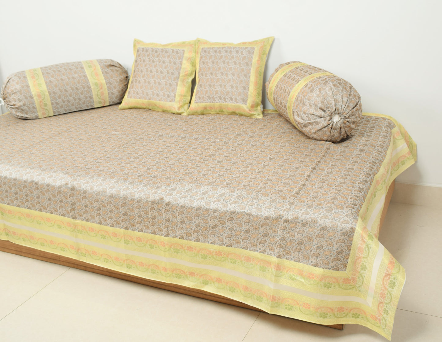 Banarasi Light Gray Diwan Set Cushion & Bolster Cover Silk & Woven Zari Brocade