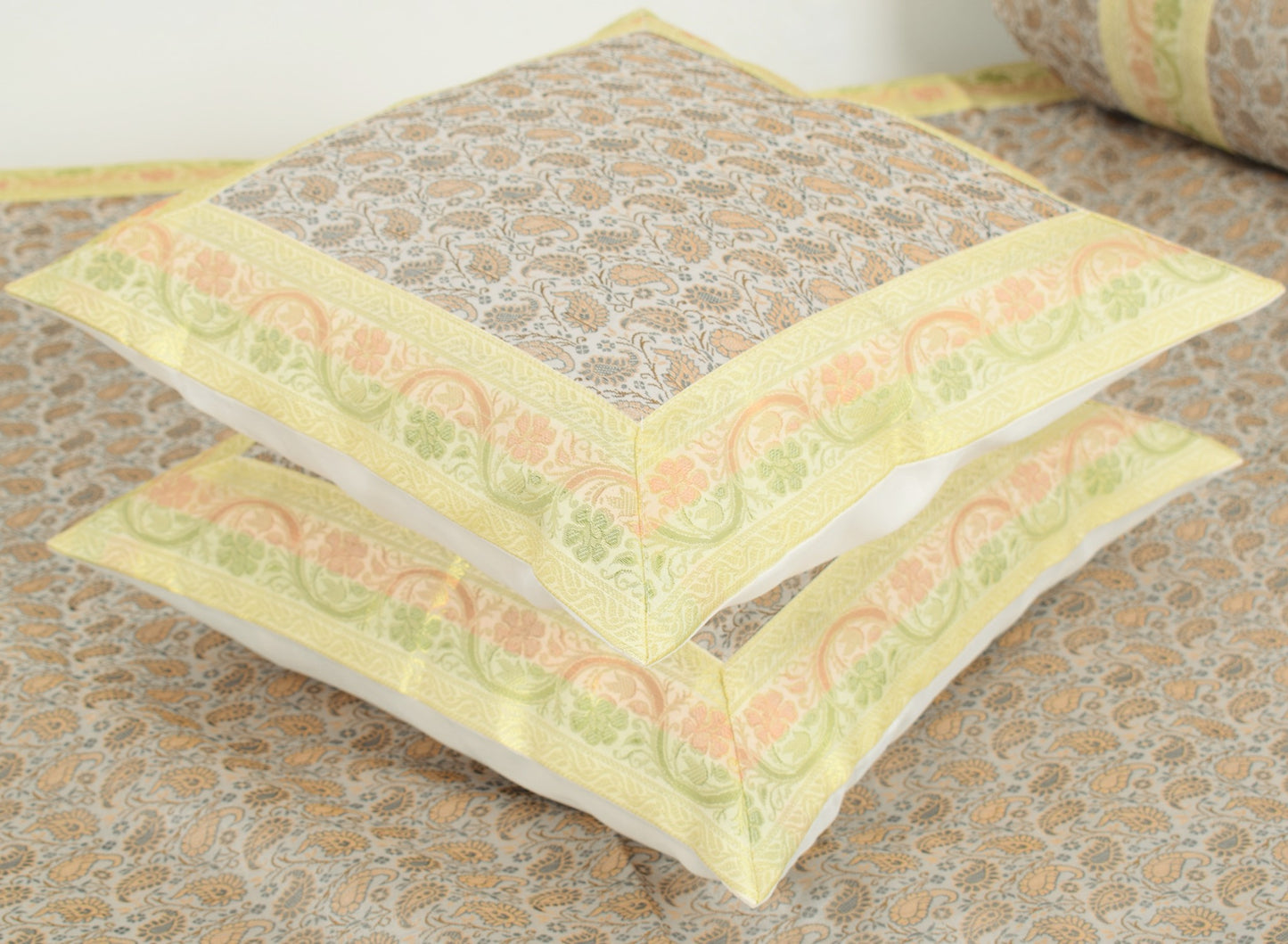 Banarasi Light Gray Diwan Set Cushion & Bolster Cover Silk & Woven Zari Brocade