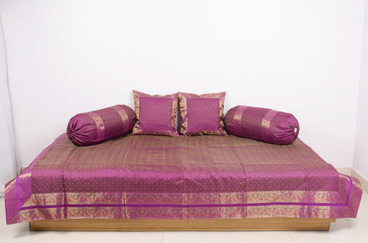 Purple Banarasi Diwan Set – Rich Silk Woven Zari Brocade Cushion & Bolster Cover