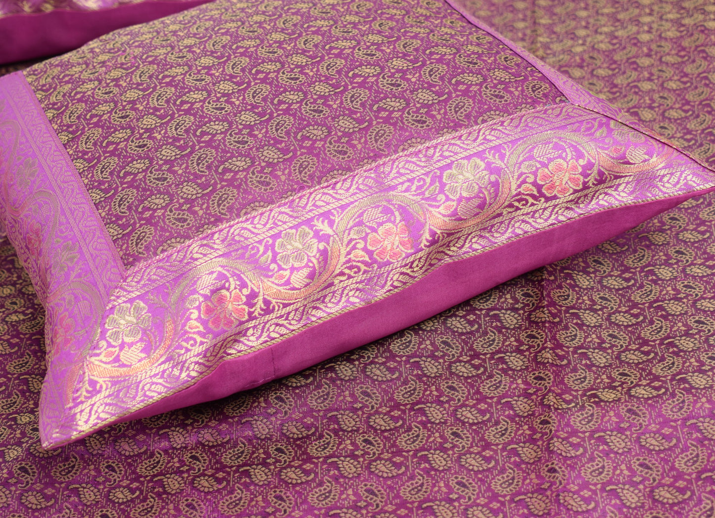 Purple Banarasi Diwan Set – Rich Silk Woven Zari Brocade Cushion & Bolster Cover
