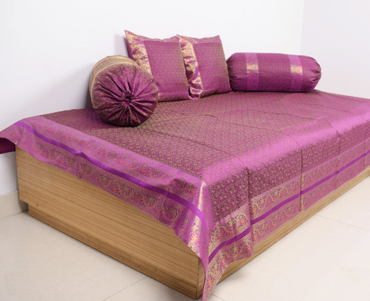Purple Banarasi Diwan Set – Rich Silk Woven Zari Brocade Cushion & Bolster Cover