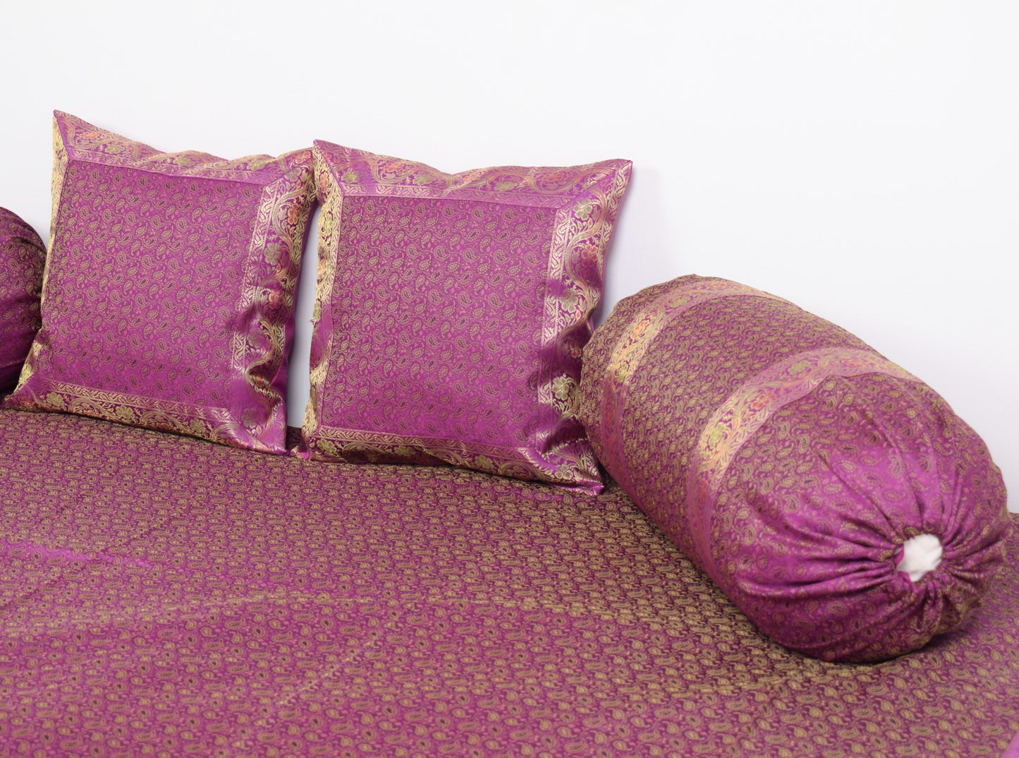 Purple Banarasi Diwan Set – Rich Silk Woven Zari Brocade Cushion & Bolster Cover