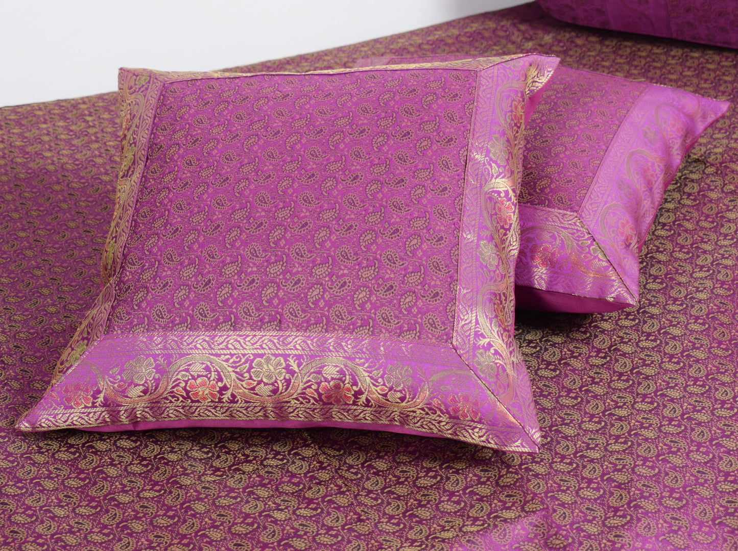 Purple Banarasi Diwan Set – Rich Silk Woven Zari Brocade Cushion & Bolster Cover