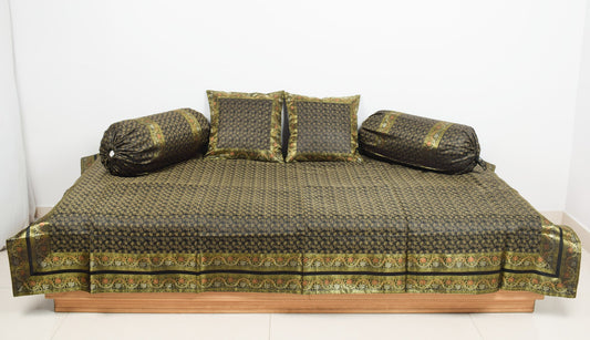 Black Banarasi Diwan Set – Rich Silk Woven Zari Brocade Cushion & Bolster Cover