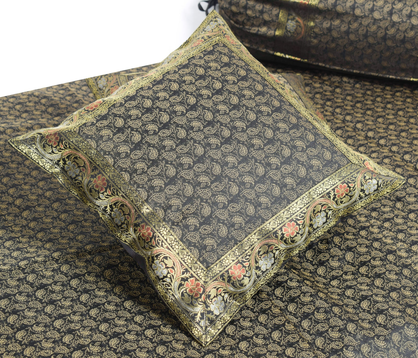 Black Banarasi Diwan Set – Rich Silk Woven Zari Brocade Cushion & Bolster Cover