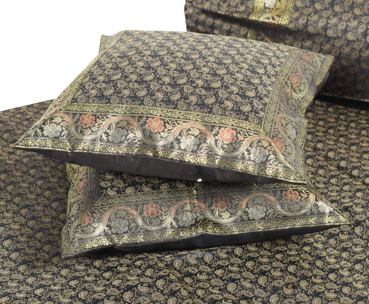 Black Banarasi Diwan Set – Rich Silk Woven Zari Brocade Cushion & Bolster Cover