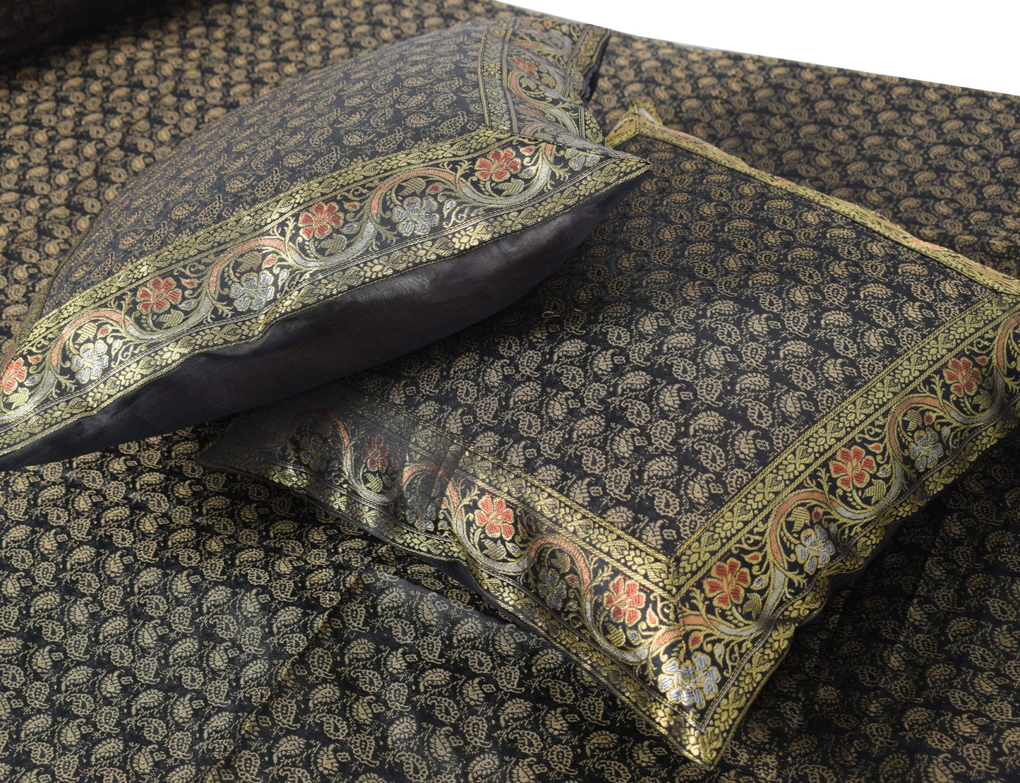 Black Banarasi Diwan Set – Rich Silk Woven Zari Brocade Cushion & Bolster Cover