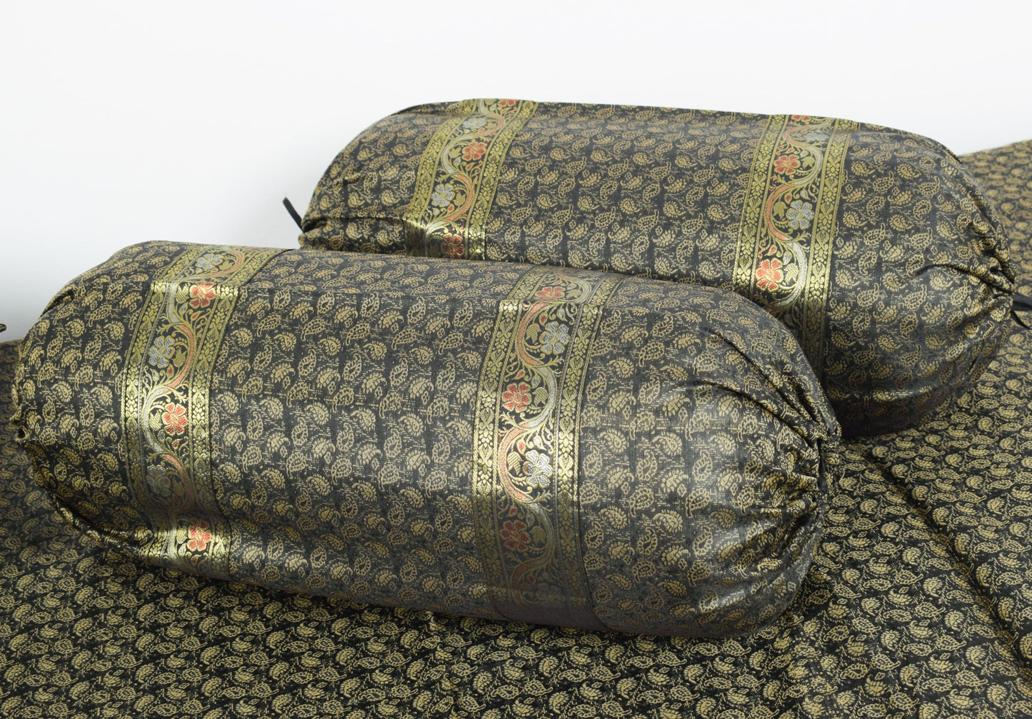 Black Banarasi Diwan Set – Rich Silk Woven Zari Brocade Cushion & Bolster Cover