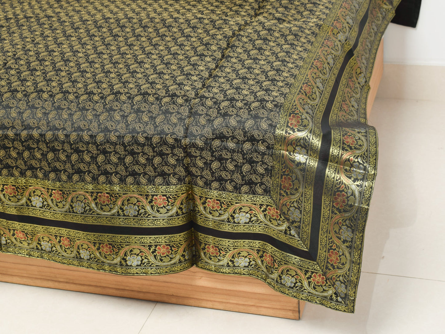 Black Banarasi Diwan Set – Rich Silk Woven Zari Brocade Cushion & Bolster Cover