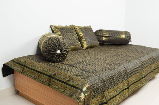 Black Banarasi Diwan Set – Rich Silk Woven Zari Brocade Cushion & Bolster Cover