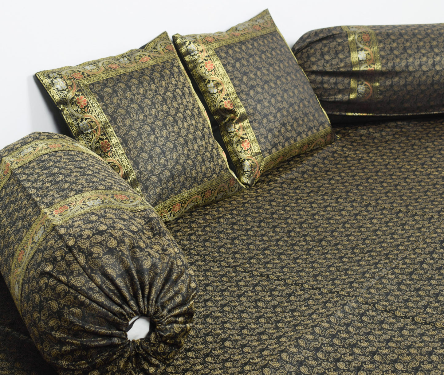 Black Banarasi Diwan Set – Rich Silk Woven Zari Brocade Cushion & Bolster Cover