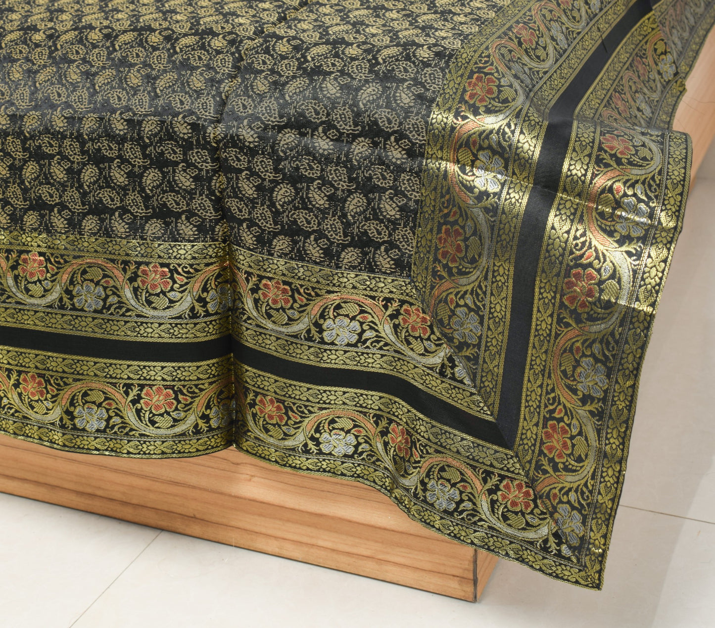 Black Banarasi Diwan Set – Rich Silk Woven Zari Brocade Cushion & Bolster Cover