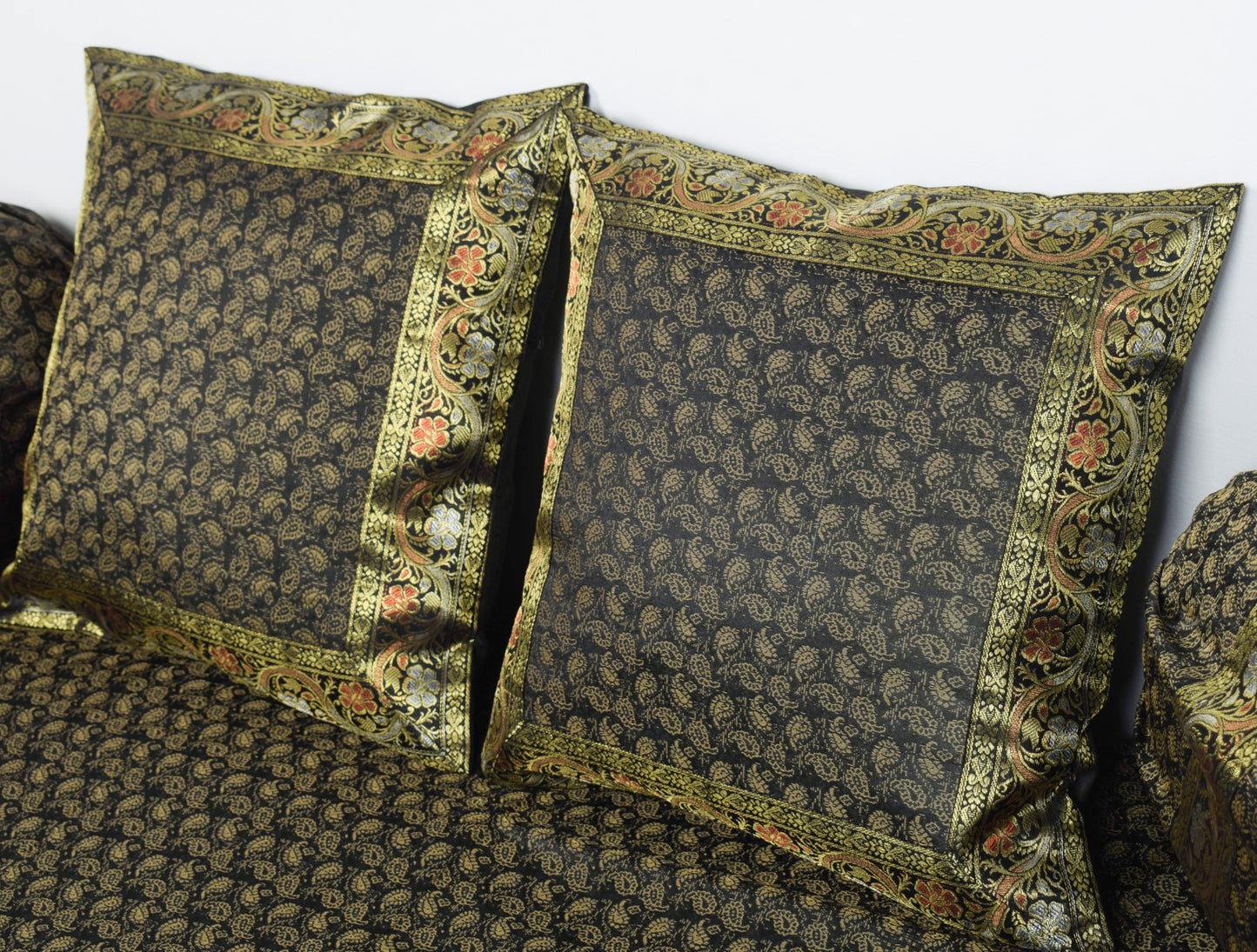 Black Banarasi Diwan Set – Rich Silk Woven Zari Brocade Cushion & Bolster Cover
