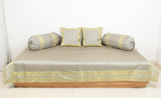 Gray Grace – Banarasi Silk Zari Brocade Diwan Set with Cushions & Bolster Cover