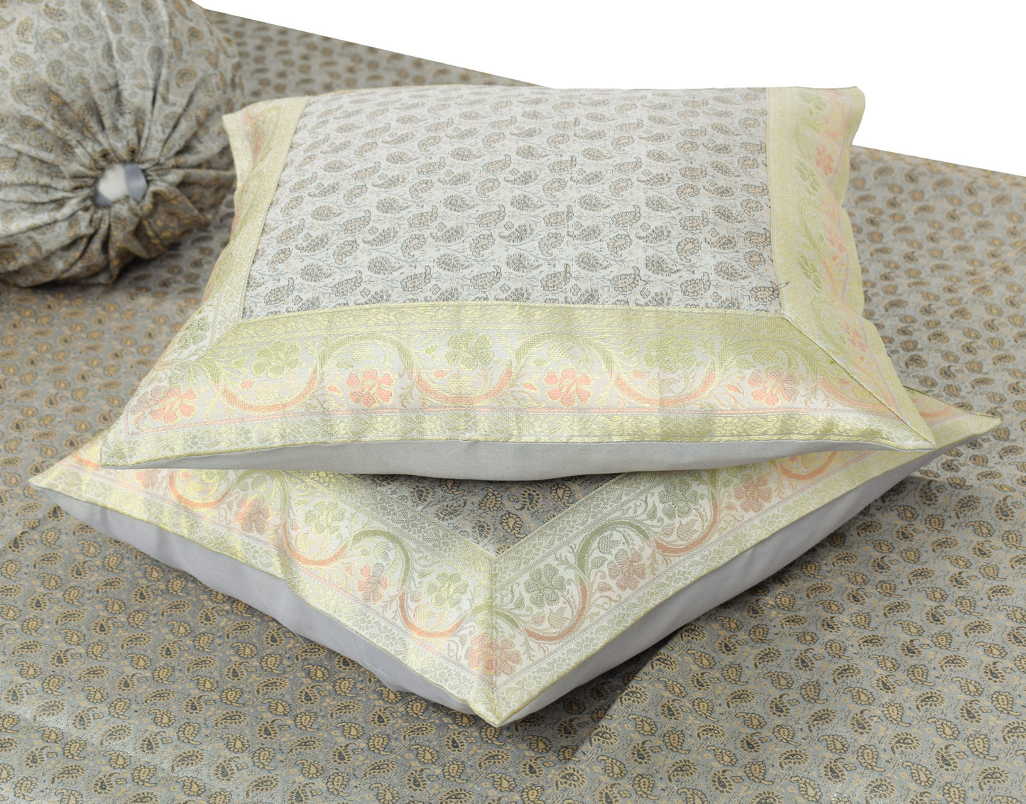 Gray Grace – Banarasi Silk Zari Brocade Diwan Set with Cushions & Bolster Cover