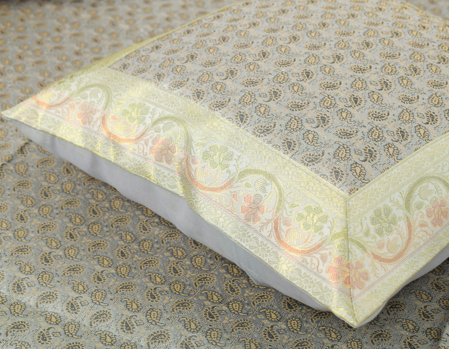 Gray Grace – Banarasi Silk Zari Brocade Diwan Set with Cushions & Bolster Cover