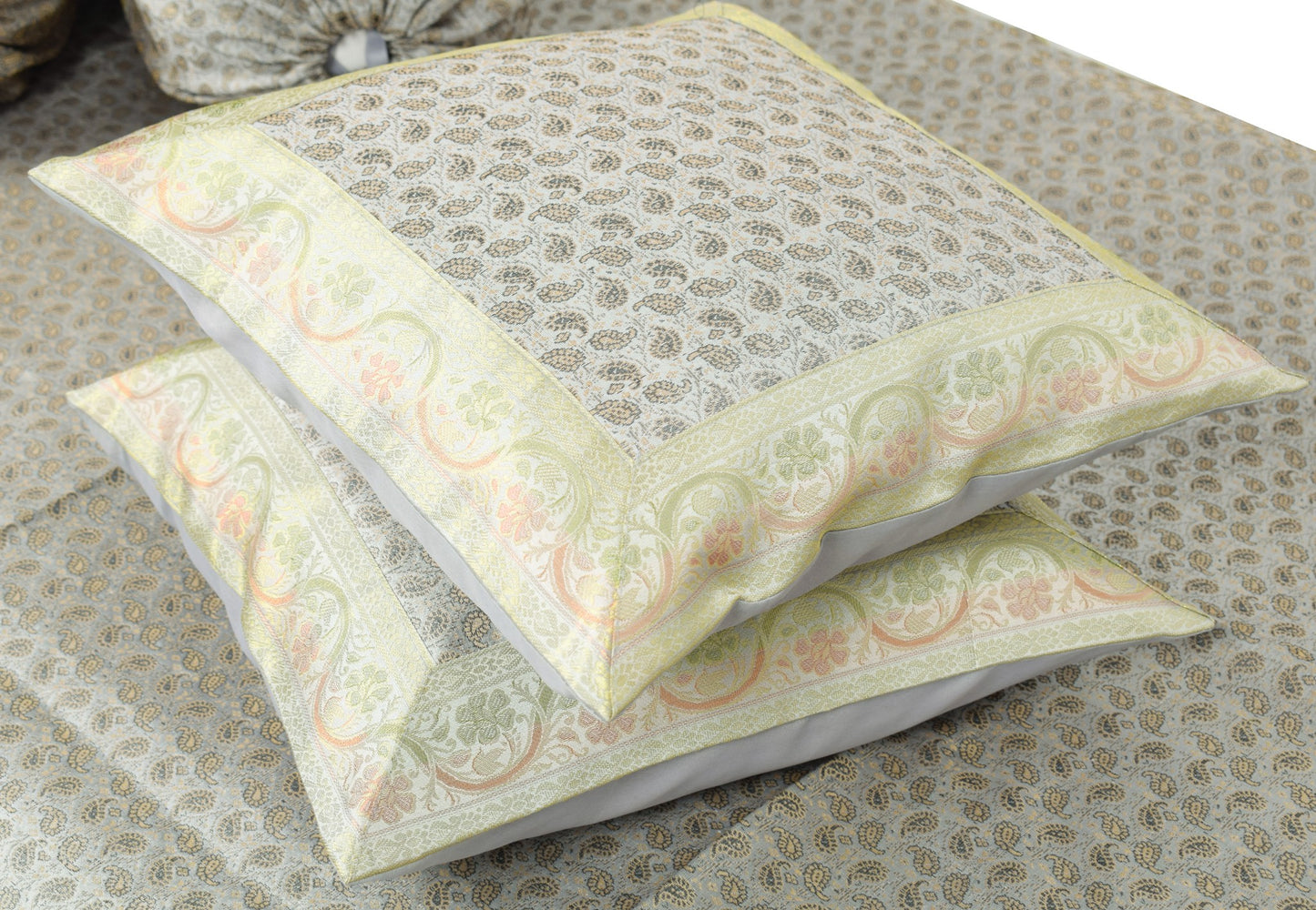 Gray Grace – Banarasi Silk Zari Brocade Diwan Set with Cushions & Bolster Cover