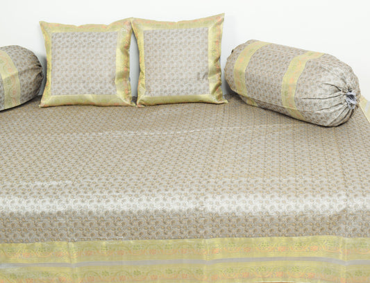 Gray Grace – Banarasi Silk Zari Brocade Diwan Set with Cushions & Bolster Cover