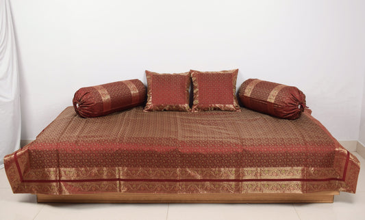 Banarasi Ethnic Maroon Diwan Set Cushion & Bolster Cover Silk Woven Zari Brocade