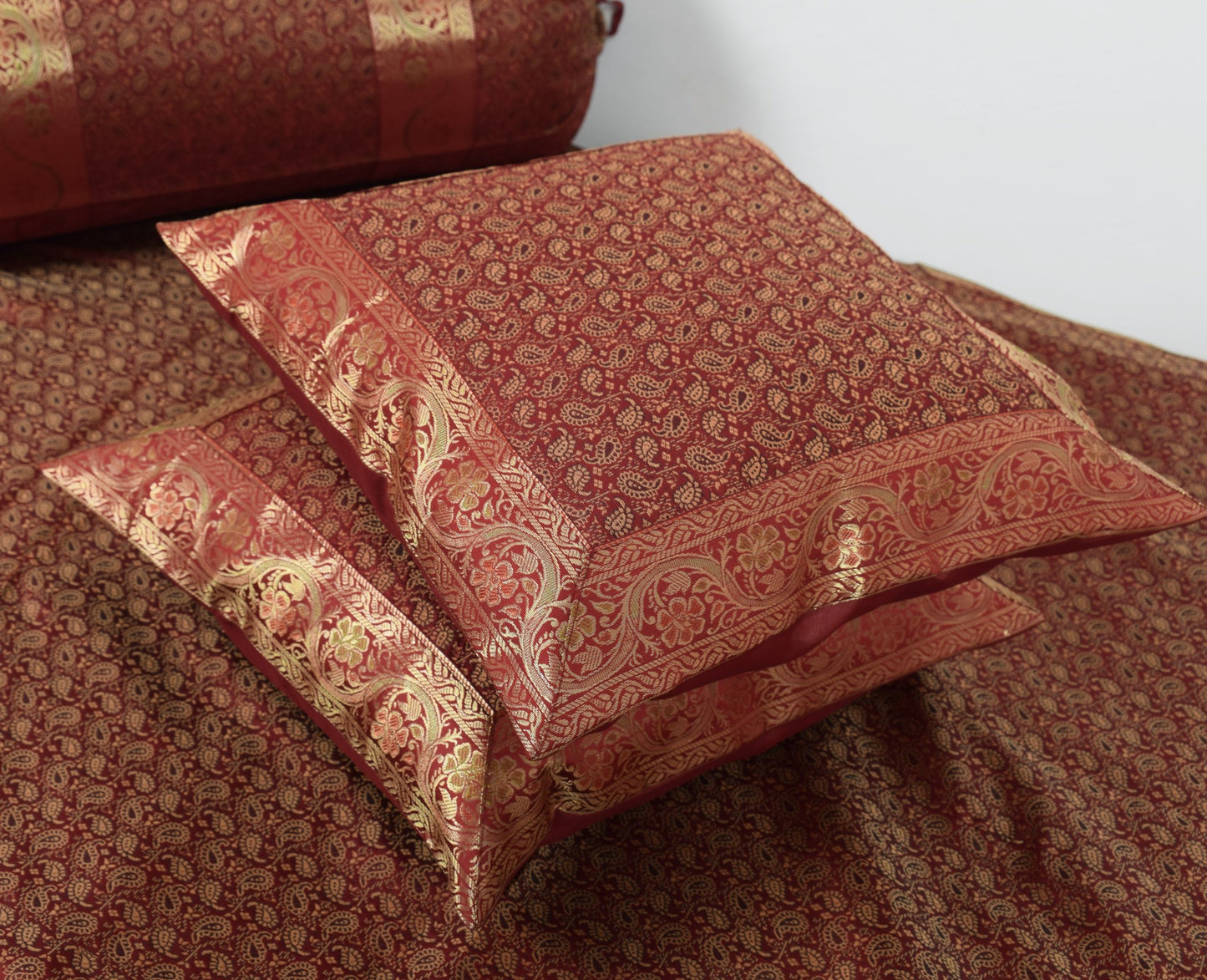 Banarasi Ethnic Maroon Diwan Set Cushion & Bolster Cover Silk Woven Zari Brocade