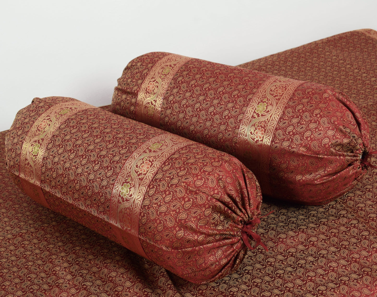 Banarasi Ethnic Maroon Diwan Set Cushion & Bolster Cover Silk Woven Zari Brocade