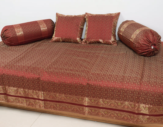 Banarasi Ethnic Maroon Diwan Set Cushion & Bolster Cover Silk Woven Zari Brocade