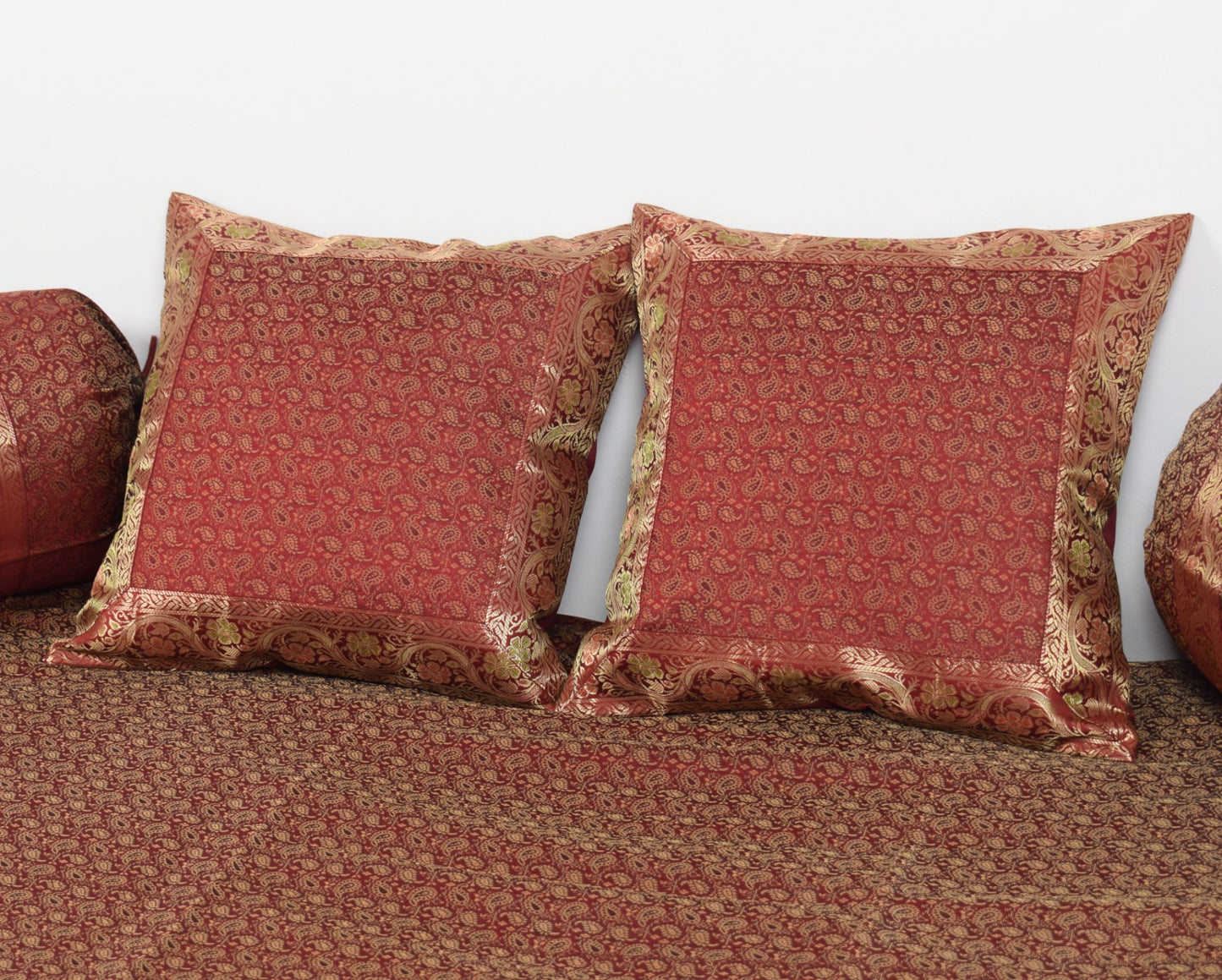 Banarasi Ethnic Maroon Diwan Set Cushion & Bolster Cover Silk Woven Zari Brocade
