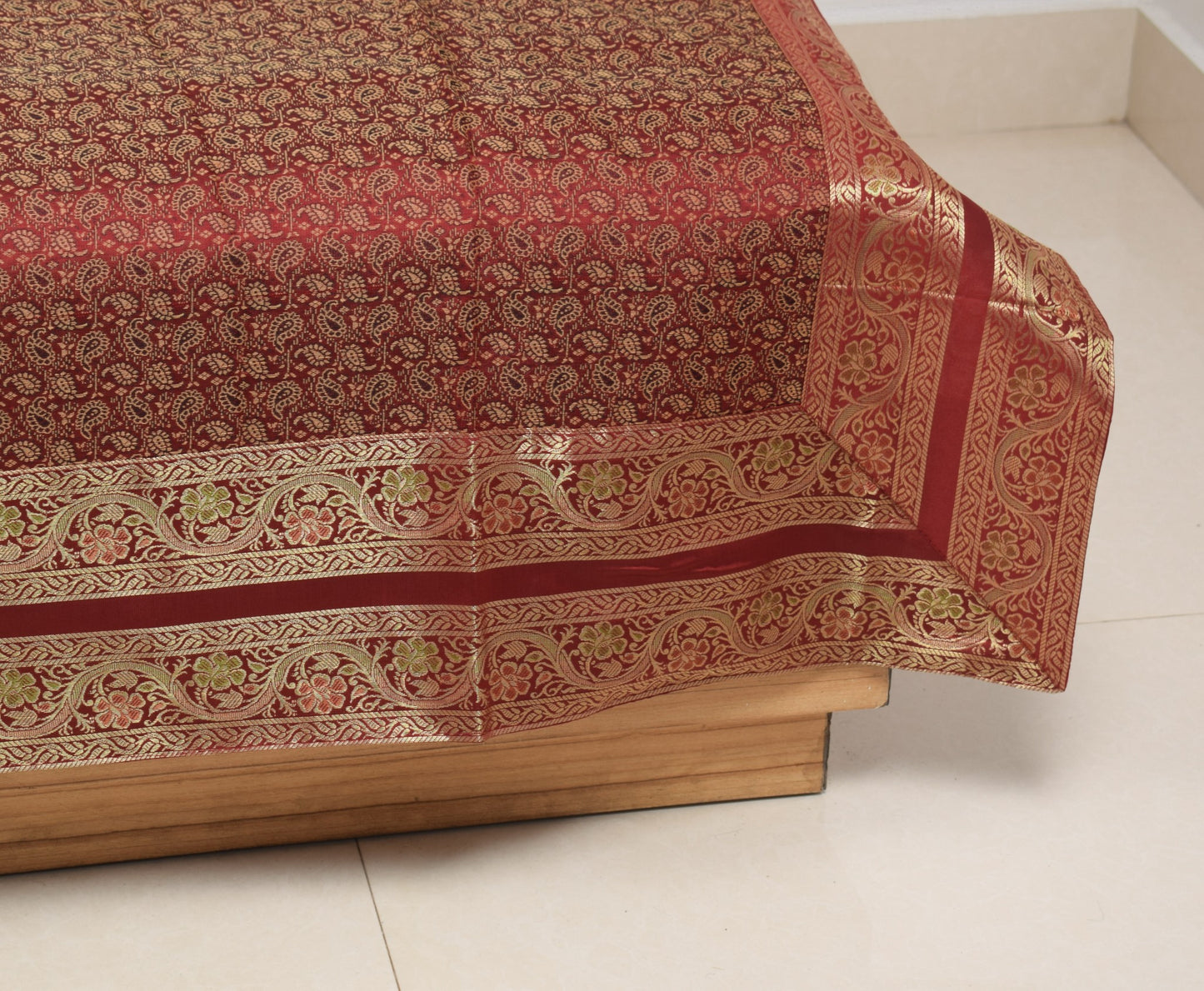 Banarasi Ethnic Maroon Diwan Set Cushion & Bolster Cover Silk Woven Zari Brocade