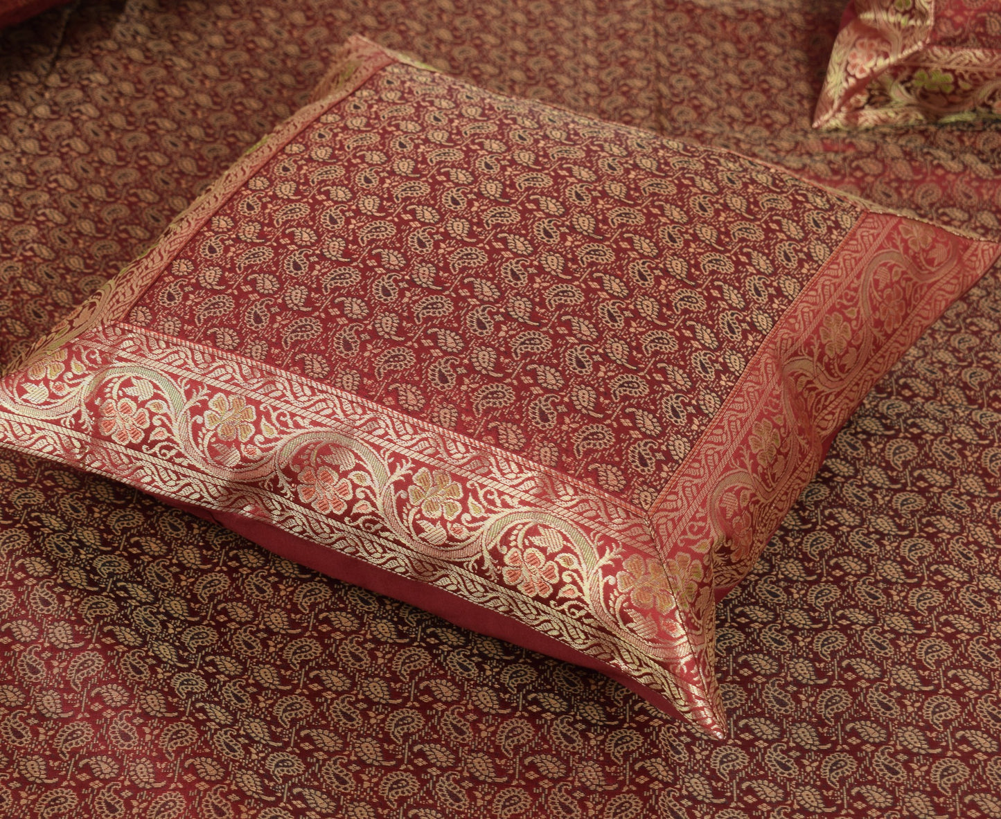 Banarasi Ethnic Maroon Diwan Set Cushion & Bolster Cover Silk Woven Zari Brocade