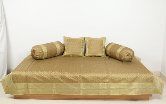 Rich Brown Banarasi Diwan Set – Silk Woven Zari Brocade Cushion & Bolster Cover