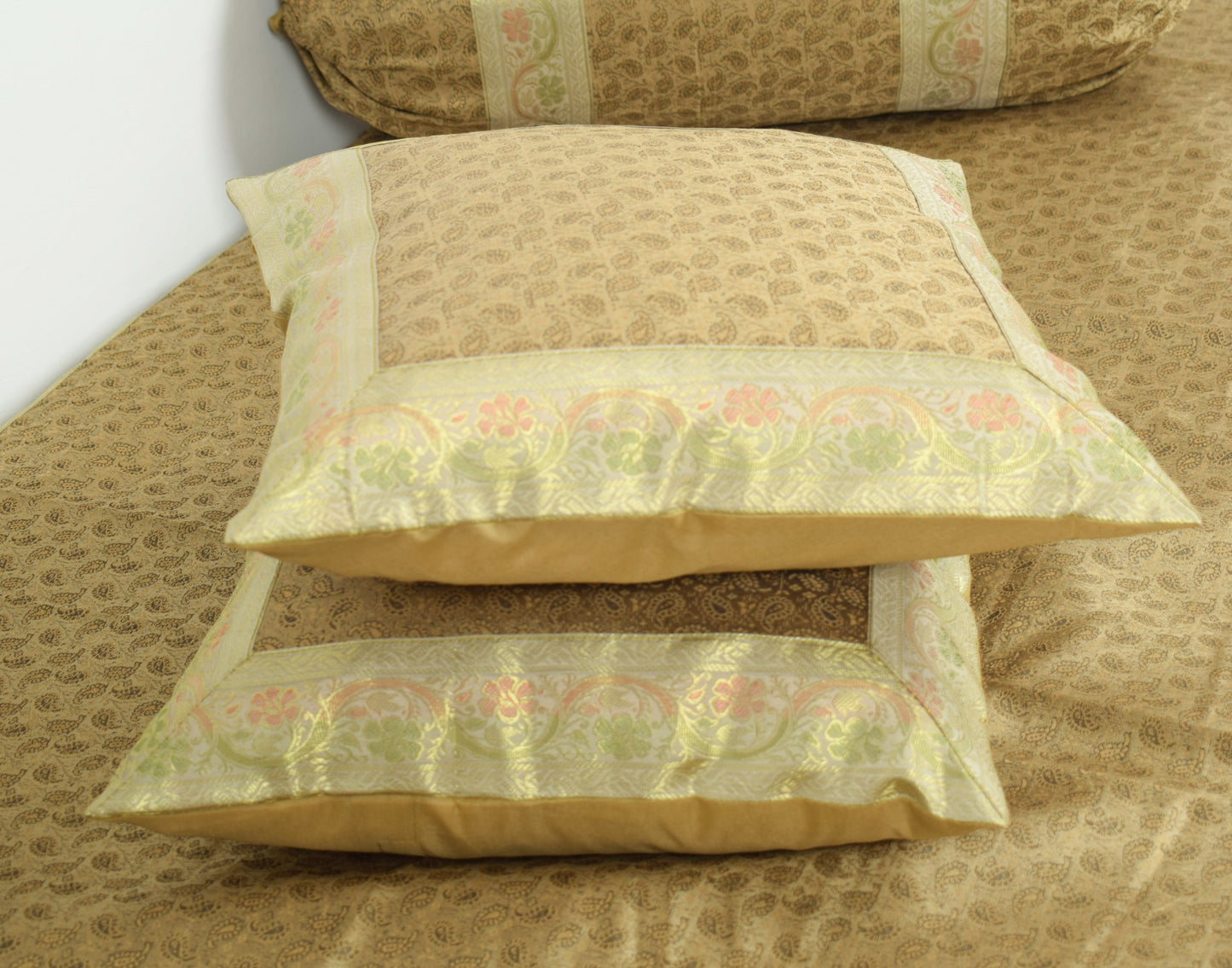 Rich Brown Banarasi Diwan Set – Silk Woven Zari Brocade Cushion & Bolster Cover