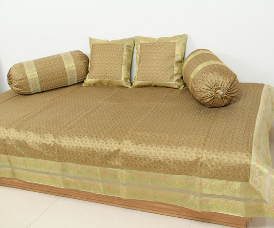 Rich Brown Banarasi Diwan Set – Silk Woven Zari Brocade Cushion & Bolster Cover