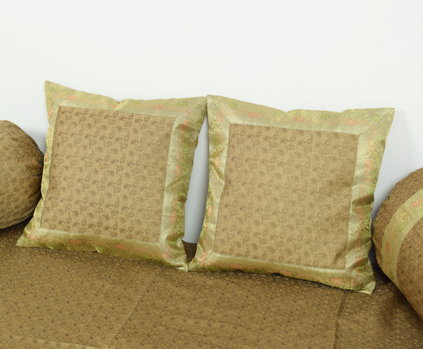 Rich Brown Banarasi Diwan Set – Silk Woven Zari Brocade Cushion & Bolster Cover